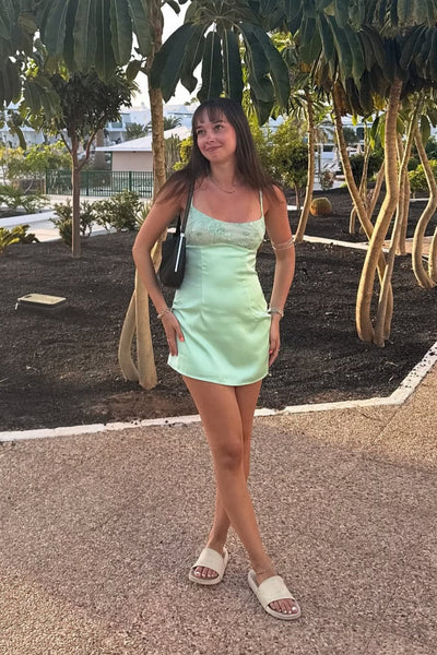 Square Neck Sage Green Floral Beaded Short Dress