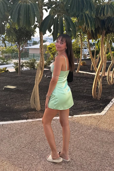 Square Neck Sage Green Floral Beaded Short Dress