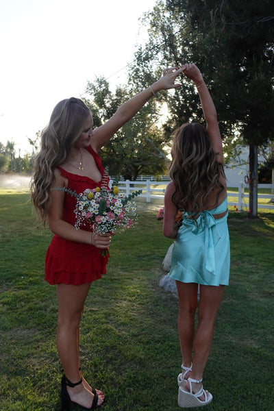 Strapless Aqua Twist Short Dress with Keyhole
