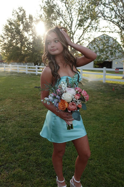 Strapless Aqua Twist Short Dress with Keyhole