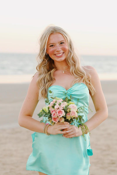 Strapless Aqua Twist Short Dress with Keyhole