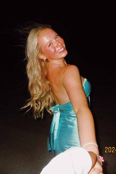 Strapless Aqua Twist Short Dress with Keyhole