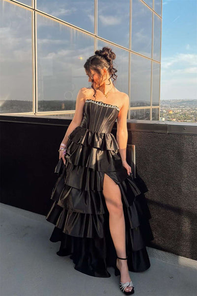 Strapless Black Beaded Tiered Long Dress with Slit