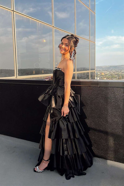 Strapless Black Beaded Tiered Long Dress with Slit