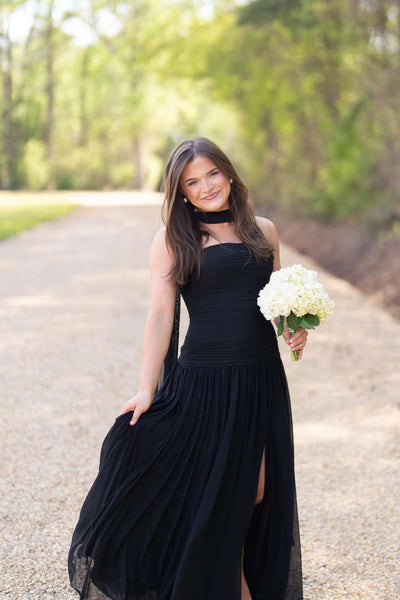 Strapless Black Ruched Long Dress with Scarf