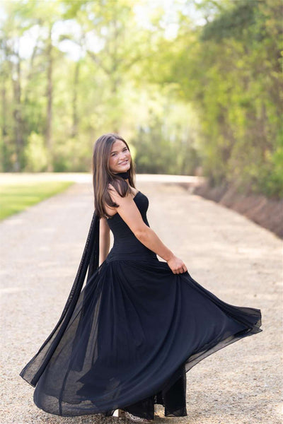 Strapless Black Ruched Long Dress with Scarf