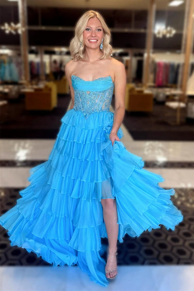 Strapless Blue Appliques Tiered Long Dress with Slit