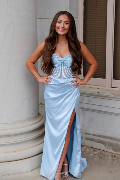 Strapless Light Blue Beaded Long Dress with Slit