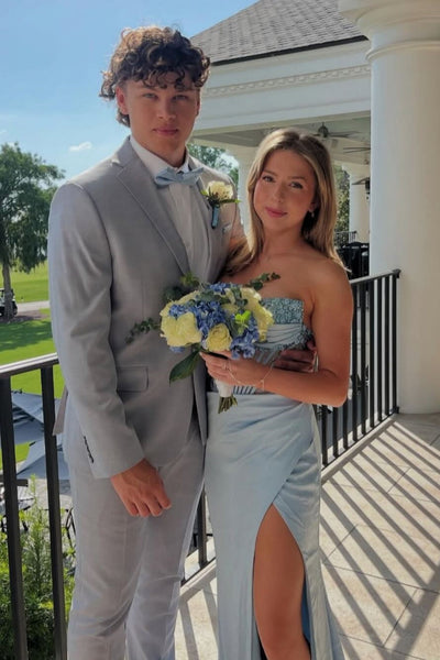 Strapless Light Blue Beaded Long Dress with Slit