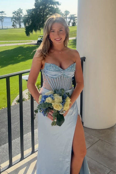 Strapless Light Blue Beaded Long Dress with Slit