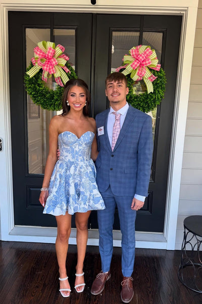 Strapless Blue Floral A-line Short Dress
