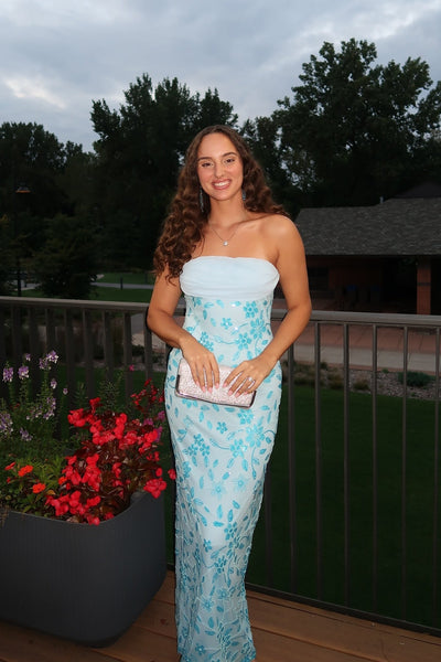 Strapless Blue Floral Beaded Long Dress