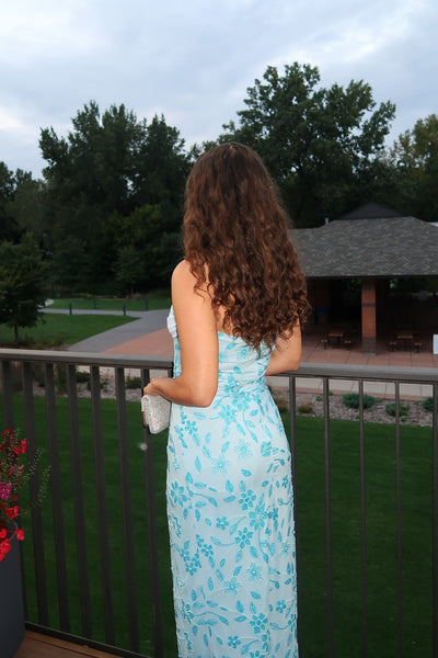 Strapless Blue Floral Beaded Long Dress