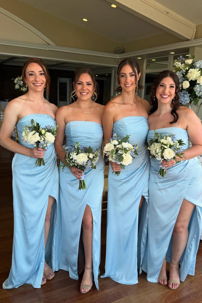 Strapless Blue Pleated Bridesmaid Dress with Slit