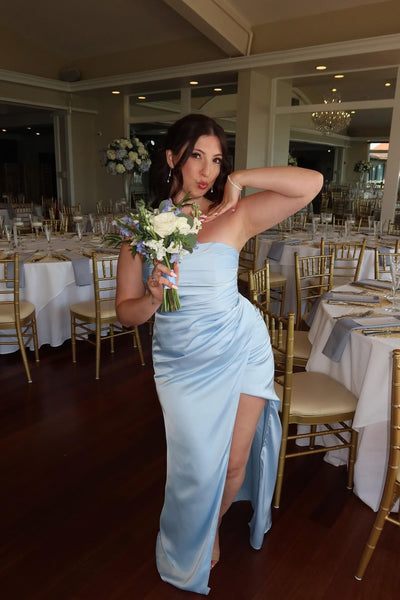 Strapless Blue Pleated Bridesmaid Dress with Slit