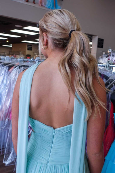 Strapless Blue Pleated Cutout Long Dress with Scarf