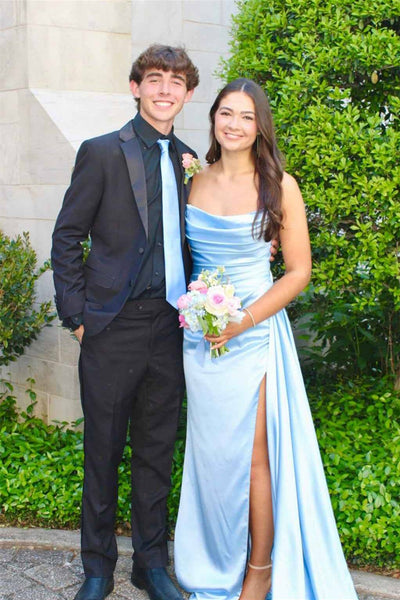 Strapless Blue Pleated Long Dress with Train