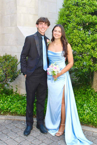 Strapless Blue Pleated Long Dress with Train