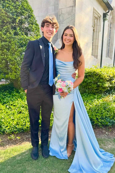 Strapless Blue Pleated Long Dress with Train