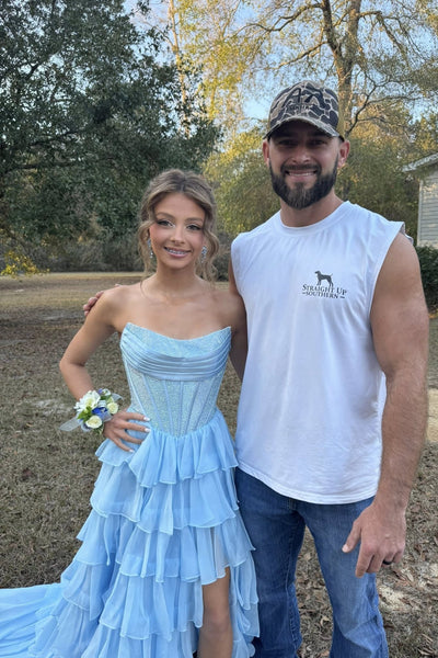 Strapless Blue Rhinestone Corset Tiered Long Dress