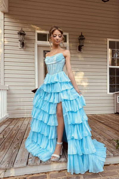 Strapless Blue Rhinestone Corset Tiered Long Dress