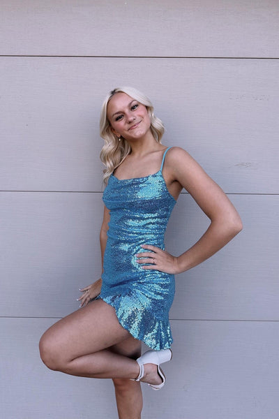 Straps Blue Ruffle Hem Sequin Short Dress