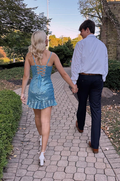 Straps Blue Ruffle Hem Sequin Short Dress