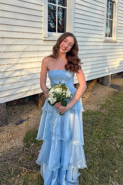 Strapless Blue Ruffle Tiered Tulle Long Dress