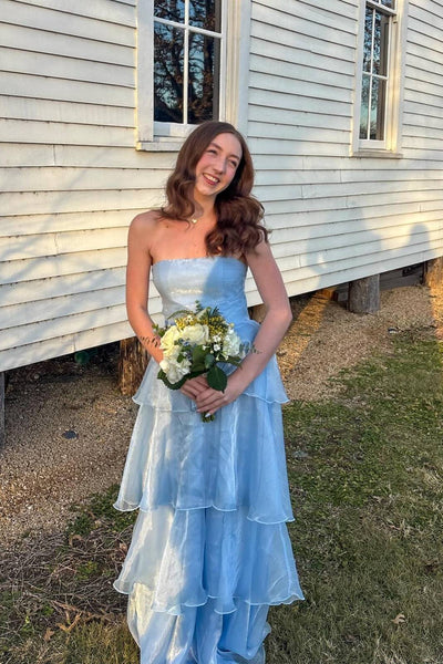 Strapless Blue Ruffle Tiered Tulle Long Dress