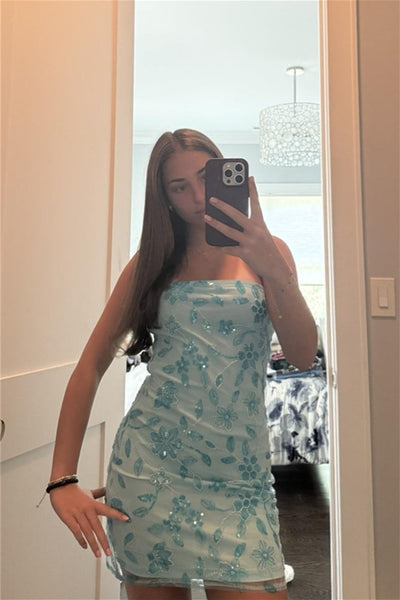 Strapless Blue Sequin Appliques Short Dress