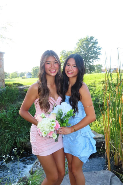 Strapless Blush Pink Ruched Short Dress with Keyhole