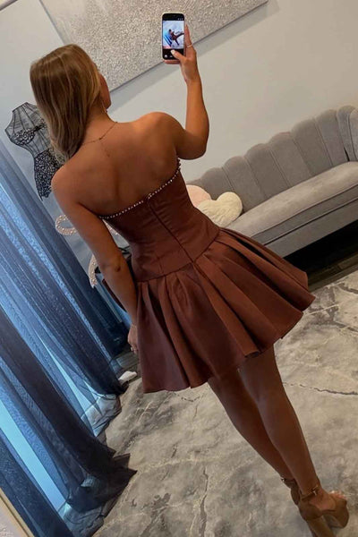 Strapless Brown Bow Front Short Dress With Pearls