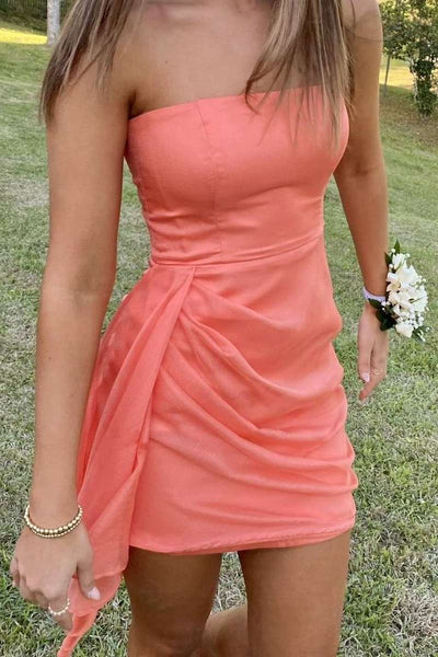 Strapless Coral Ruched Short Dress with Asymmetrical Sash