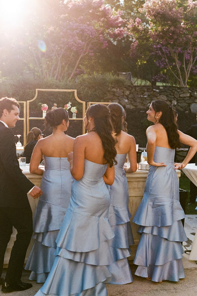 Strapless Dusty Blue Ruffle Tiered Bridesmaid Dress