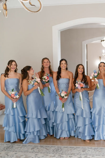 Strapless Dusty Blue Ruffle Tiered Bridesmaid Dress