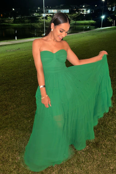 Strapless Emerald Green Ruched A-line Long Dress
