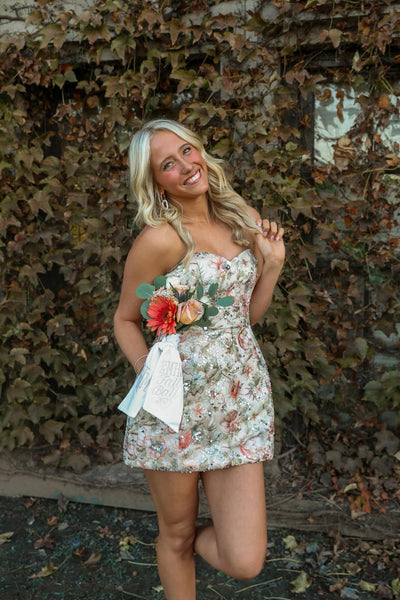 Strapless Floral Beige Sequin Appliques Short Dress