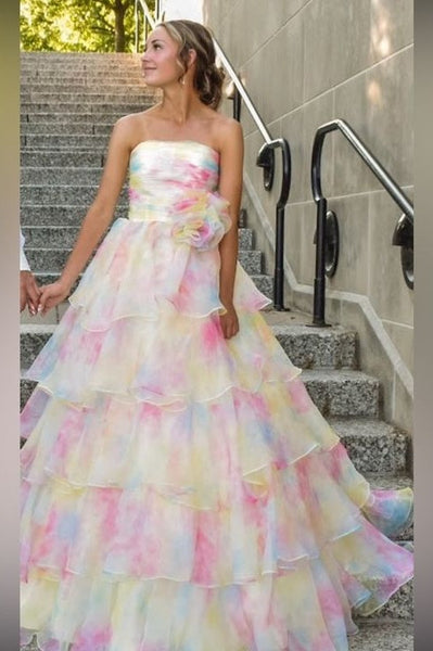 Strapless Floral Print Layered Long Dress with Rosette