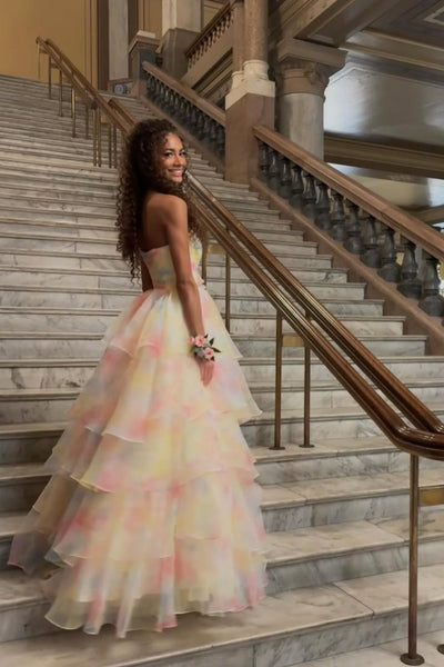 Strapless Floral Print Layered Long Dress with Rosette