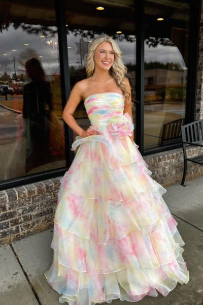 Strapless Floral Print Organza Long Dress with Rosette