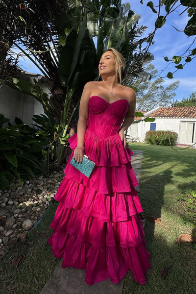 Strapless Fuchsia Ruffled A-line Long Dress