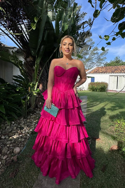 Strapless Fuchsia Ruffled A-line Long Dress