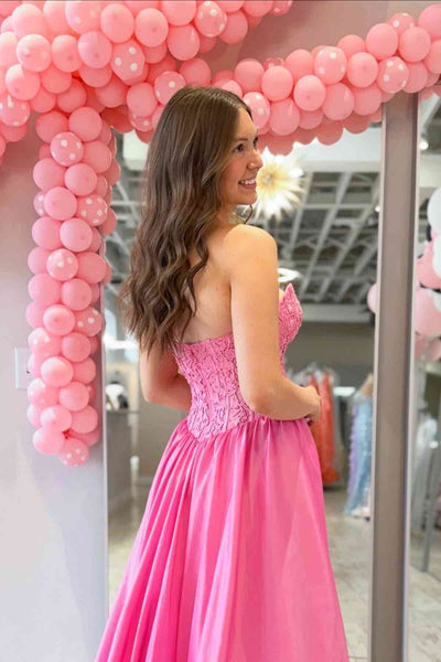 Strapless Hot Pink Appliques A-line Long Dress