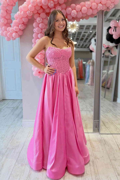 Strapless Hot Pink Appliques A-line Long Dress