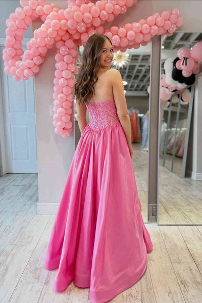 Strapless Hot Pink Appliques A-line Long Dress