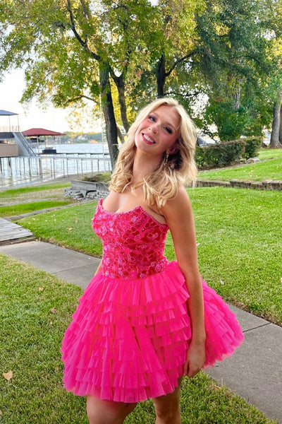 Strapless Hot Pink Beaded Tiered Short Dress