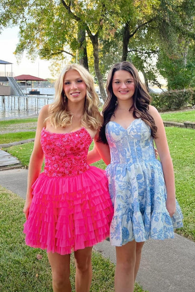 Strapless Hot Pink Beaded Tiered Short Dress