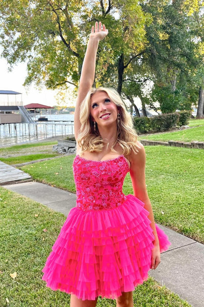 Strapless Hot Pink Beaded Tiered Short Dress