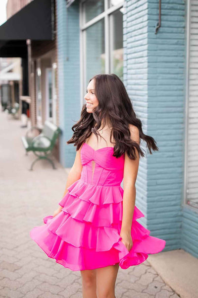 Strapless Hot Pink Pleated Tiered Short Dress