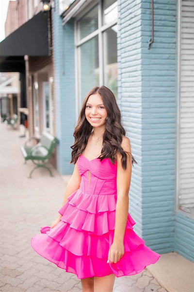 Strapless Hot Pink Pleated Tiered Short Dress